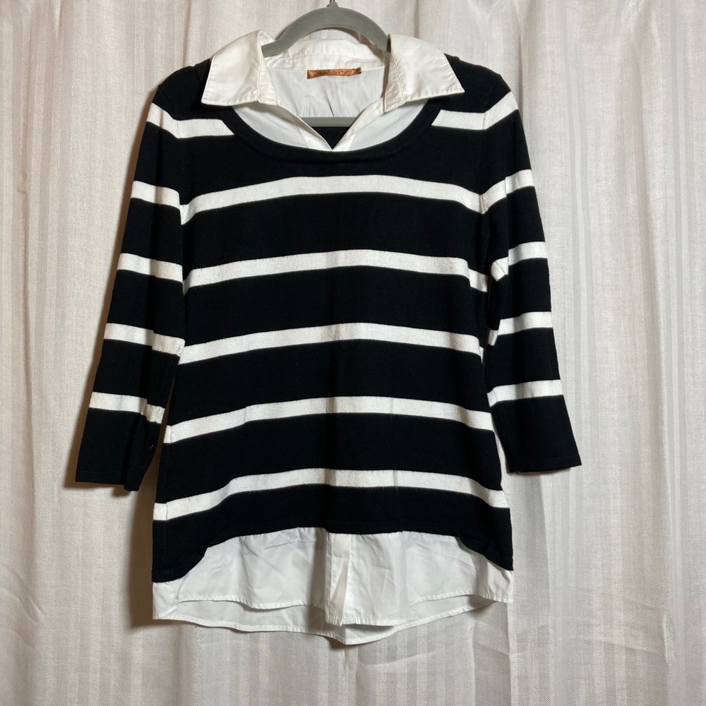 Preppy Dark Academia Striped Pull over Attached White Shirt Hem Women Collared M